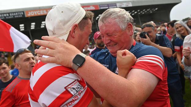 Ian Byrne and Pat Bennett celebrate following Ferns St Aidan's Wexford SHC win in August.