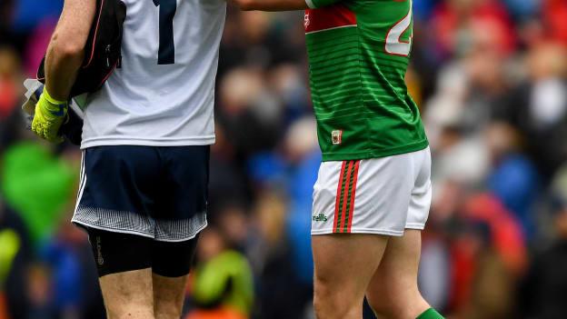 Andy Moran shares a moment with Dublin goalkeeper, Stephen Cluxton, after playing his last championship match for Mayo in last year's All-Ireland SFC semi-final. 