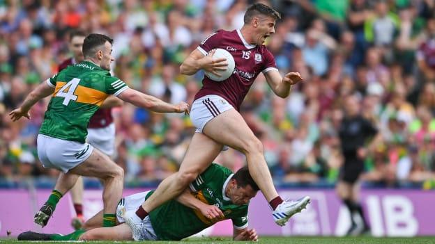 Shane Walsh of Galway in action against Tom O'Sullivan and David Moran of Kerry during the GAA Football All-Ireland Senior Championship Final match between Kerry and Galway at Croke Park in Dublin.
