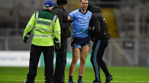 Cormac Costello of Dublin is tended to by medical staff before being taken off late in the first half with an injury during the Allianz Football League Division 1 Round 6 match between Dublin and Tyrone at Croke Park in Dublin. 