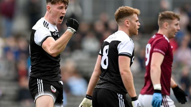 Ryan McEvoy of Kilcoo celebrates after blocking a Ballybay goal chance during the AIB Ulster GAA Football Senior Club Championship Quarter-Final match between Kilcoo and Ballybay Pearse Brothers at St Tiernach's Park in Clones, Monaghan.