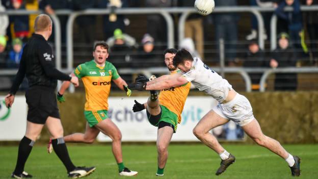 Ryan McHugh of Donegal in action against Kevin Flynn of Kildare during the Allianz Football League Division 1 match between Donegal and Kildare at MacCumhaill Park in Ballybofey, Donegal.