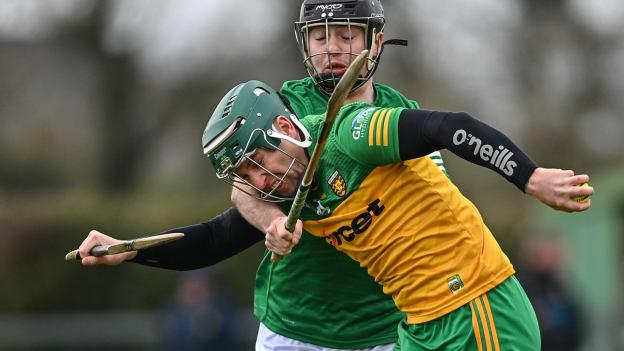 Gerry Gilmore, Donegal, and Caolan Duffy, Fermanagh, in Nickey Rackard Cup action.