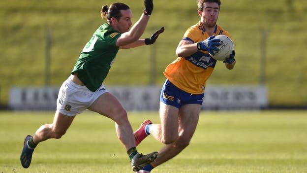 Manus Doherty, Clare, and Cillian O’Sullivan, Meath, in Allianz Football League Division Two action. Photo by Daire Brennan/Sportsfile