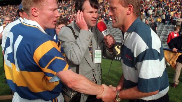 Ger Loughnane shakes hands with Tipperary hurler, Aidan Ryan, after the 1997 All-Ireland SHC Final. 
