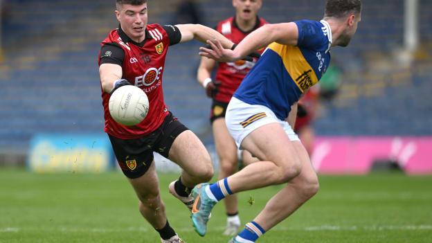 Daniel Guinness, Down, and Luke Boland, Tipperary, in Tailteann Cup action at FBD Semple Stadium. Photo by Brendan Moran/Sportsfile