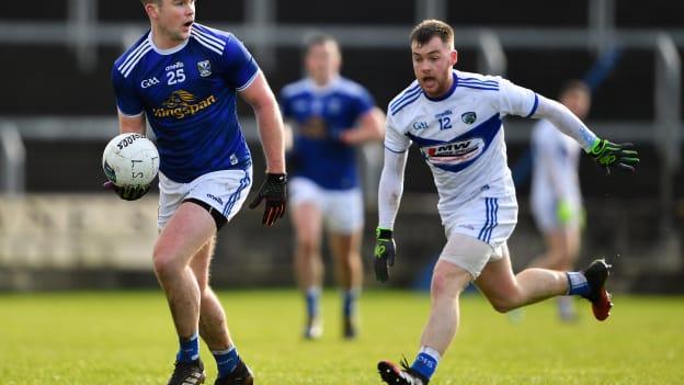 Thomas Galligan of Cavan in action against Eoin Lowry of Laois during the Allianz Football League Division 2 Round 3 match between Laois and Cavan at MW Hire O'Moore Park in Portlaoise, Laois. 