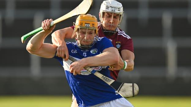 Podge Delaney of Laois in action against Joey Boyle of Westmeath during the Allianz Hurling League Division 1 Relegation Play-off match between Laois and Westmeath at MW Hire O'Moore Park in Portlaoise, Co Laois. 
