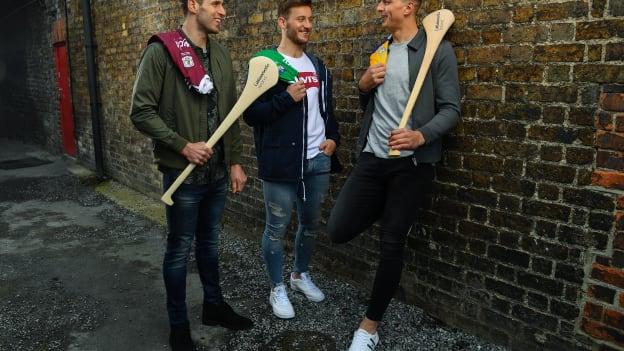 All-Ireland hurling champion, Galway’s Gearoid McInerney, left, reigning All-Ireland hurling champion Tom Morrissey, centre, and highest scorer of the 2018 hurling championship Clare’s Peter Duggan is pictured at the launch of the Littlewoods Ireland #StyleOfPlay campaign. 