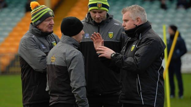 The Donegal management team, from left, manager Declan Bonner, assistant manager Paul McGonigle, coach Gary Boyle and selector Stephen Rochford before the Bank of Ireland Dr McKenna Cup Round 1 match between Donegal and QUB at MacCumhaill Park in Ballybofey, Donegal. 