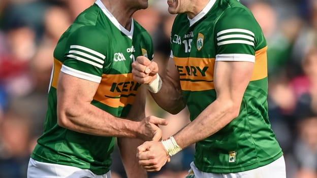 Steven O'Brien and Paudie Clifford celebrate following a score for Kerry against Cork in the 2022 Munster SFC.