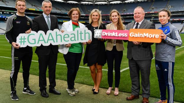 In attendance during the launch of the Drink Less, Gain More campaign, and GAA/HSE Health Theme Day, are, from left, Noel McGrath of Tipperary, Professor Donal O’Shea, HSE Clinical Lead for Obesity, Marian Rackard, HSE Alcohol Programme, Stacey Cahill, National Health and Well Being Coordinator, Stephanie O’Keefe, HSE National Director, Strategic Transformation & Planning, Jim Bolger, GAA Vice President and Sharon Courtney of Monaghan at Croke Park in Dublin.