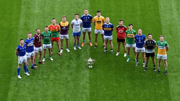In attendance, from left; Mickey Quinn of Longford, Evan O’Carroll of Laois, Kevin Maguire of Westmeath, Declan McCusker of Fermanagh, Darragh Foley of Carlow, Martin O’Connor of Wexford, Conor Murray of Waterford, Killian Clarke of Cavan, Conor Stewart of Antrim, Teddy Doyle of Tipperary, Barry O’Hagan of Down, Mark Diffley of Leitrim, Dean Healy of Wicklow, Niall Murphy of Sligo and Johnny Moloney of Offaly during the Táilteann Cup launch at Croke Park in Dublin. 