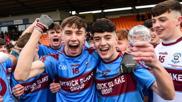 Glenn Tracy and Darragh MacBrien, right, of St Michael's Enniskillen celebrates after the Danske Bank MacRory Cup Final match between St Michael's Enniskillen and Omagh CBS at the Athletic Grounds in Armagh.