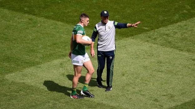 Kerry manager Jack O'Connor gives instructions to Seán O'Shea before the 2022 GAA Football All-Ireland Senior Championship Final match between Kerry and Galway at Croke Park in Dublin.