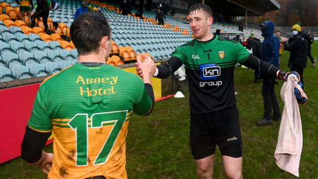 Shaun Patton, right, and Eoin McHugh of Donegal celebrate following the Ulster GAA Football Senior Championship Quarter-Final match between Donegal and Tyrone at MacCumhaill Park in Ballybofey, Donegal. 