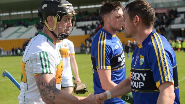 Shane Dooley of Offaly shakes hands with John Griffin of Kerry after the 2016 Leinster GAA Hurling Championship Qualifier between Offaly and Kerry.