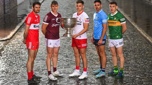 Footballers, from left, Christopher McKaigue of Derry, Shane Walsh of Galway, Michael McKernan of Tyrone, Niall Scully of Dublin and Paudie Clifford of Kerry during the launch of the GAA Football All Ireland Senior Championship Series in Dublin. 