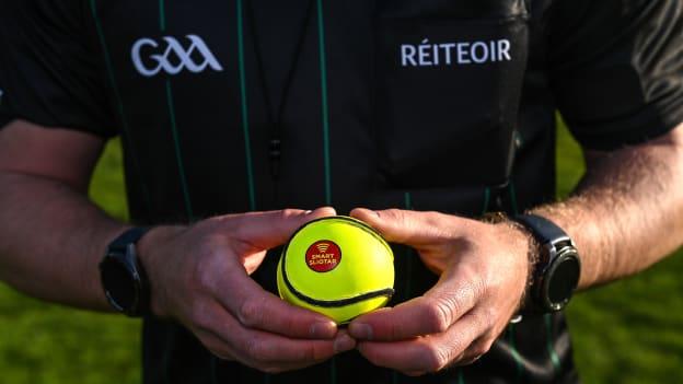 Referee Nathal Wall holds a smart sliotar before the 2022 oneills.com Munster GAA Hurling Under 20 Championship Group 1 Round 1 match between Limerick and Clare at TUS Gaelic Grounds in Limerick. 