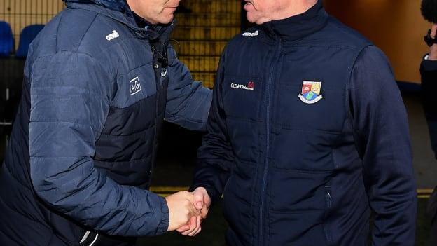 Dublin manager Dessie Farrell and Longford manager Padraic Davis shake hands after the O'Byrne Cup Semi-Final match between Longford and Dublin at Glennon Brothers Pearse Park in Longford. 