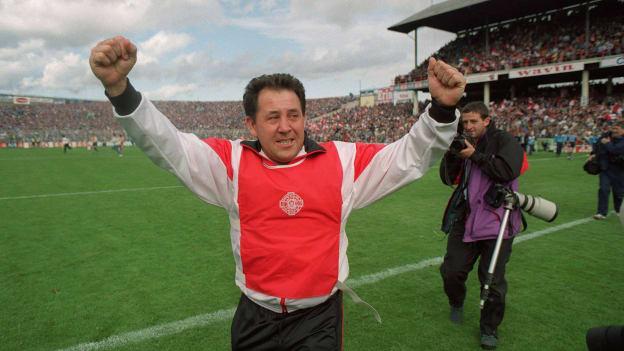 Derry manager Eamonn Coleman celebrating after the 1993 All Ireland SFC Semi-Final win over Dublin at Croke Park.