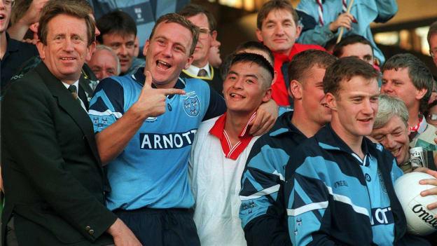 Keith Barr and Jason Sherlock following the 1995 All Ireland SFC Final win over Tyrone at Croke Park.