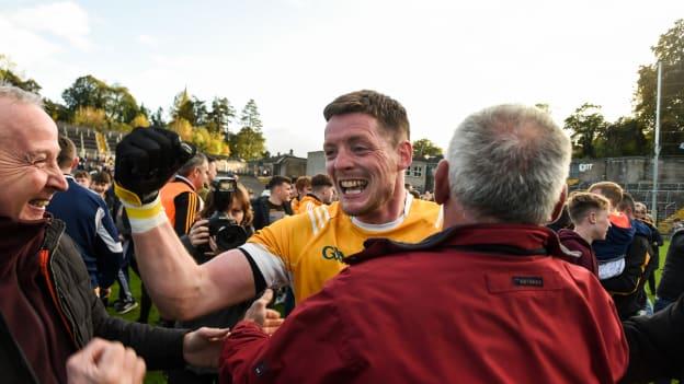 Conor McManus celebrates following Clontibret O'Neill's 2019 Monaghan Senior Football Championship win.