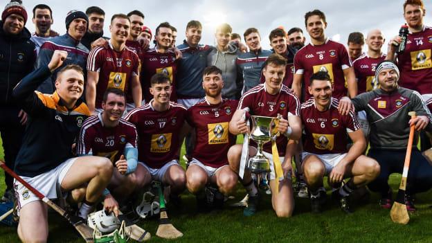 The Westmeath hurlers celebrate their 2019 Bord na Mona Kehoe Cup Final victory over Antrim.
