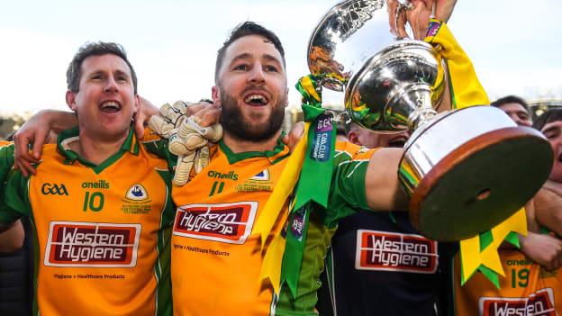 Gary Sice and Micheal Lundy celebrate following Corofin's third AIB All Ireland Club victory since 2015.