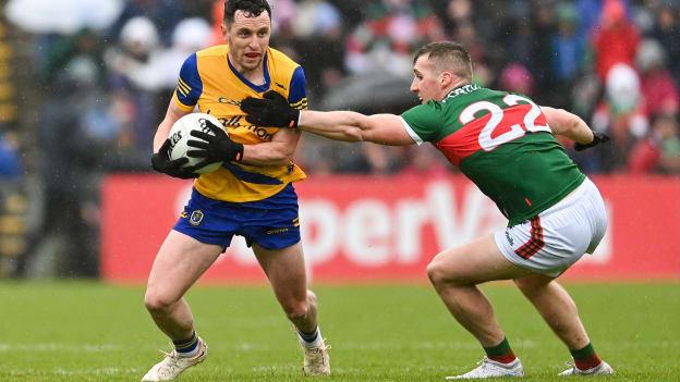 Ciaráin Murtagh, Roscommon, and Eoghan McLaughlin, Mayo, in Connacht SFC action at Hastings Insurance MacHale Park. Photo by Ramsey Cardy/Sportsfile