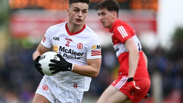 Michael McKernan of Tyrone during the Ulster GAA Football Senior Championship Quarter-Final match between Tyrone and Derry at O'Neills Healy Park in Omagh, Tyrone. 