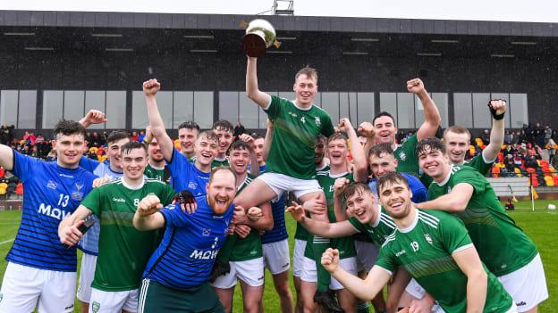 Ireland captain Shane Conway is held aloft by his team-mates as they celebrate after the U21 Hurling Shinty International 2019 match between Ireland and Scotland at the GAA National Games Development Centre in Abbotstown, Dublin. 