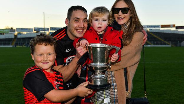 Ballygunner joint captain Shane O'Sullivan celebrates with his partner Ciara, son Ferdia, aged 2, and his nephew Cian, aged 10, after the 2018 AIB Munster GAA Hurling Senior Club Championship Final between Na Piarsaigh and Ballygunner at Semple Stadium in Thurles, Co. Tipperary. 