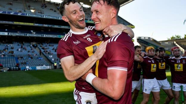 Cormac Boyle (left) and Tommy Doyle celebrate Saturday evening's win over Kerry at Croke Park. 