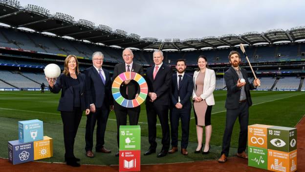 LGFA CEO Helen O'Rourke, Chairman of CCMA Michael Walsh, Uachtarán Chumann Lúthchleas Gael John Horan, Chariman of Local Autority Climate Change Steering Group Ciarán Hayes, Camogie Operations Manager Alan Malone, DCCAE Katie Aherne, and former Wexford hurler Diarmuid Lyng pictured at the GAA Local Authority SDG Launch at Croke Park.