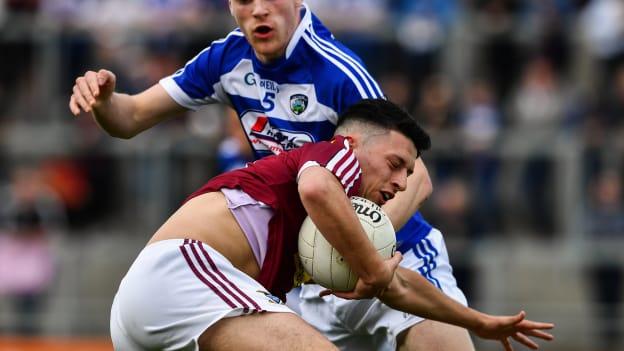 Ronan O'Toole of Westmeath in action against Seán O'Flynn of Laois during the GAA Football Senior Championship Quarter-Final match between Westmeath and Laois at Bord na Mona O’Connor Park in Tullamore, Offaly. 