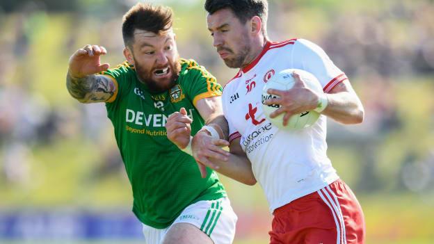 Mattie Donnelly, Tyrone, and Mickey Burke, Meath, in action during a 2018 All-Ireland SFC Qualifier at Páirc Tailteann. Photo by Stephen McCarthy/Sportsfile