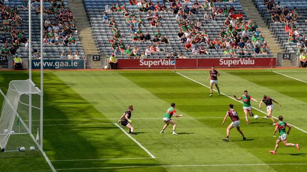Shane Walsh of Galway shoots to score his side's first goal during the Connacht GAA Senior Football Championship Final match between Galway and Mayo at Croke Park in Dublin. 