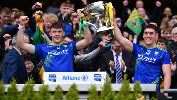 Kerry joint captains David Clifford and Joe O'Connor lift the cup after the Allianz Football League Division 1 Final match between Kerry and Mayo at Croke Park in Dublin. 