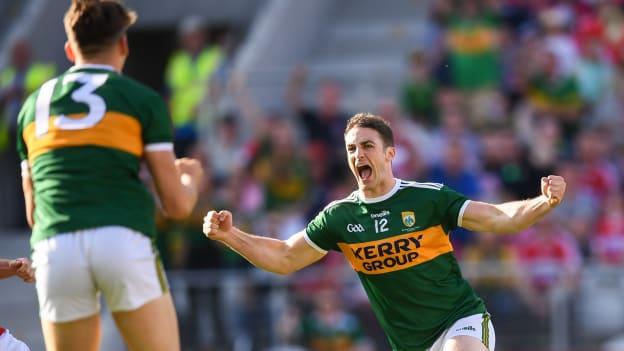 Stephen O’Brien of Kerry celebrates after scoring his side's first goal during the Munster GAA Football Senior Championship Final against Cork. 