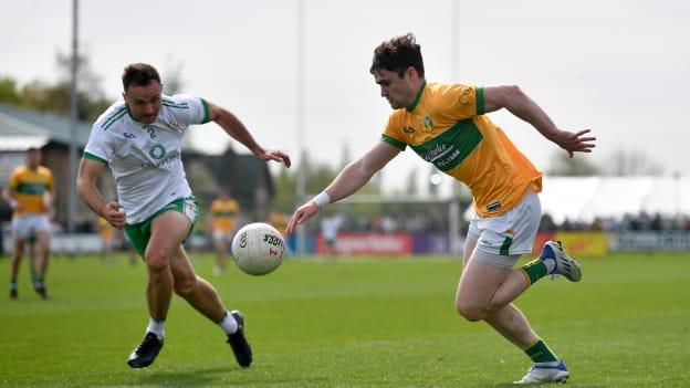 Ryan O'Rourke of Leitrim in action against Eoin Walsh of London during the Connacht GAA Football Senior Championship Quarter-Final match between London and Leitrim at McGovern Park in Ruislip, London, England