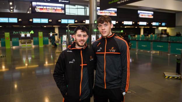 Kerry footballer David Clifford (r) pictured with Donegal footballer Ryan McHugh in Dublin airport before flying out on the 2018 PwC All-Star tour to Philadelphia. 