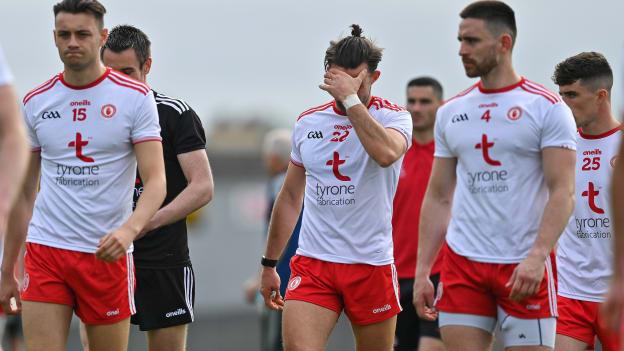 Tiernan McCann of Tyrone, centre, and team-mates leave the pitch after their heavy Allianz Football League Division 1 semi-final defeat to Kerry in June. 