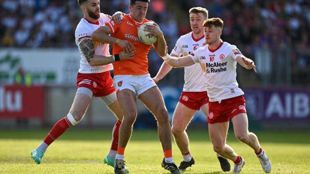 Armagh's Stefan Campbell surrounded by Tyrone's Ronan McNamee, Michael O'Neill, and Conor Meyler. Photo by Brendan Moran/Sportsfile