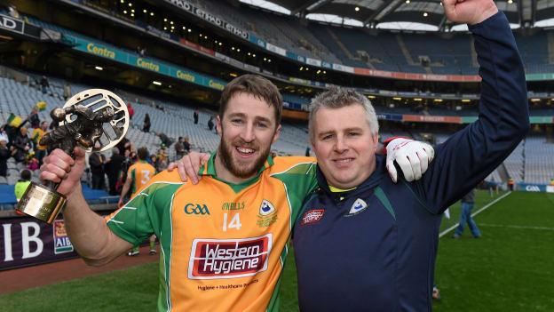 Stephen Rochford celebrates with Micheal Lundy after managing Corofin to victory over Slaughtneil in the 2015 AIB All-Ireland Club SFC Final.