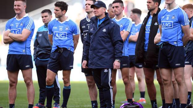Jim Gavin pictured with his Dublin players after their last defeat in Croke Park - the 2017 Allianz Football League Final against Kerry. 