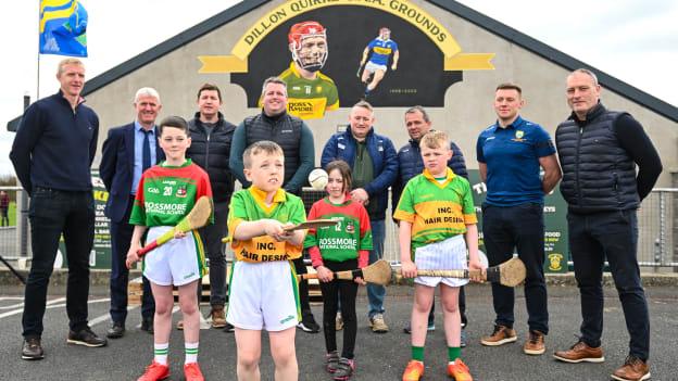 At the launch of The Dillon Quirke Foundation fundraising in association with The Circet All-Ireland GAA Golf Challenge at the Clonoulty-Rossmore GAA Club in Tipperary are children from Clonoulty and Rossmore schools, from left, Rian Quinn, aged nine, Scott Wood, aged ten, Hazel Rayn, aged nine and Jamie O'Sullivan, aged eight, with inter-county hurling managers, from left, Henry Shefflin of Galway, John Kiely of Limerick, Darren Gleeson of Antrim, Darragh Egan of Wexford, Pat Ryan of Cork, Davy Fitzgerald of Waterford, Stephen Molumphy of Kerry and Liam Cahill of Tipperary. The Foundation are calling on all GAA clubs to provide €100 towards providing cardiac screening across the association. 