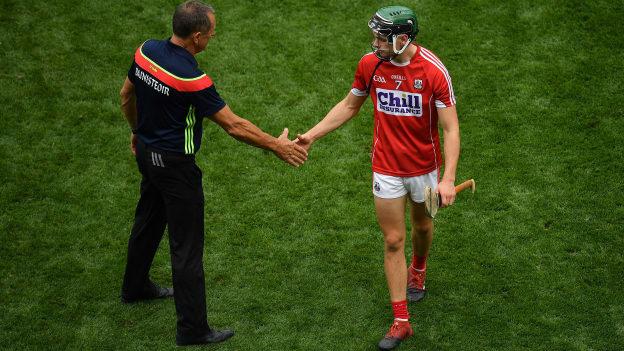 Mark Coleman shakes hands with Cork manager John Meyler after defeat to Limerick in the All-Ireland SHC Semi-Final. 