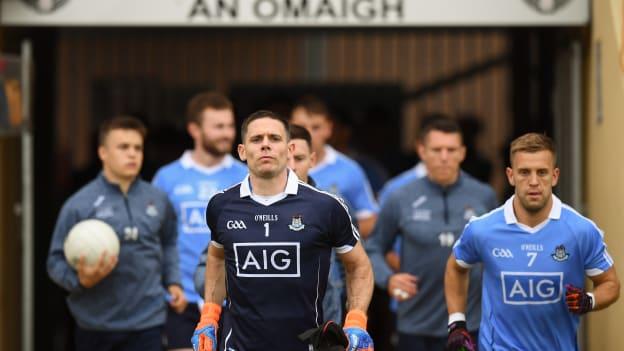 Stephen Cluxton leads his Dublin team-mates out onto the field before their All-Ireland SFC Quarter-Final Phase 2 clash with Tyrone this year. 