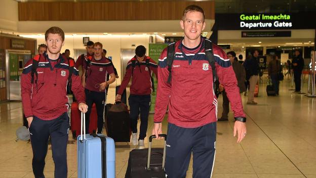 Galway hurlers James Shehill and John Hanbury pictured at Dublin airport before flying out to Sydney for the Wild Geese Trophy. 